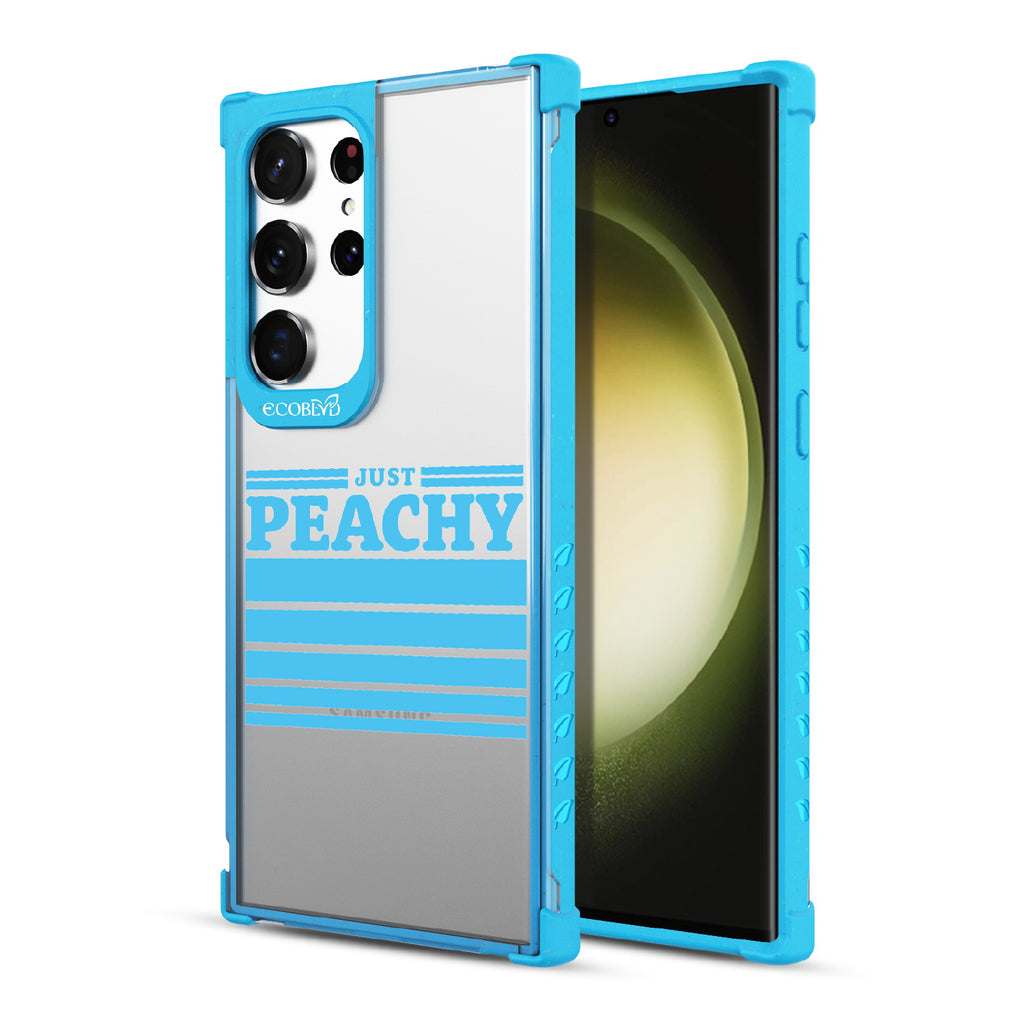 Just Peachy - Back View Of Blue & Clear Eco-Friendly Galaxy S23 Ultra Case & A Front View Of The Screen