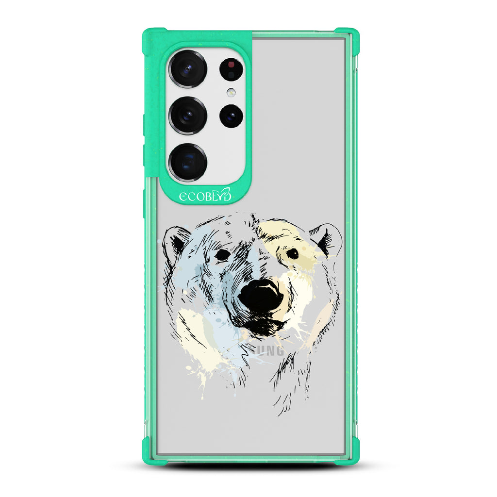 Polar Bear - Green Eco-Friendly Galaxy S23 Ultra Case With An Illustrated Polar Bear Face On A Clear Back