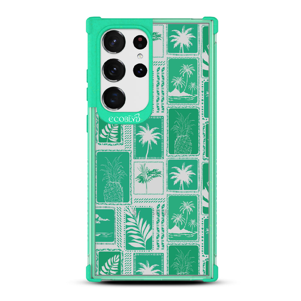 Oasis - Green Eco-Friendly Galaxy S23 Ultra Case With Tropical Shirt Palm Trees & Pineapple Print On A Clear Back