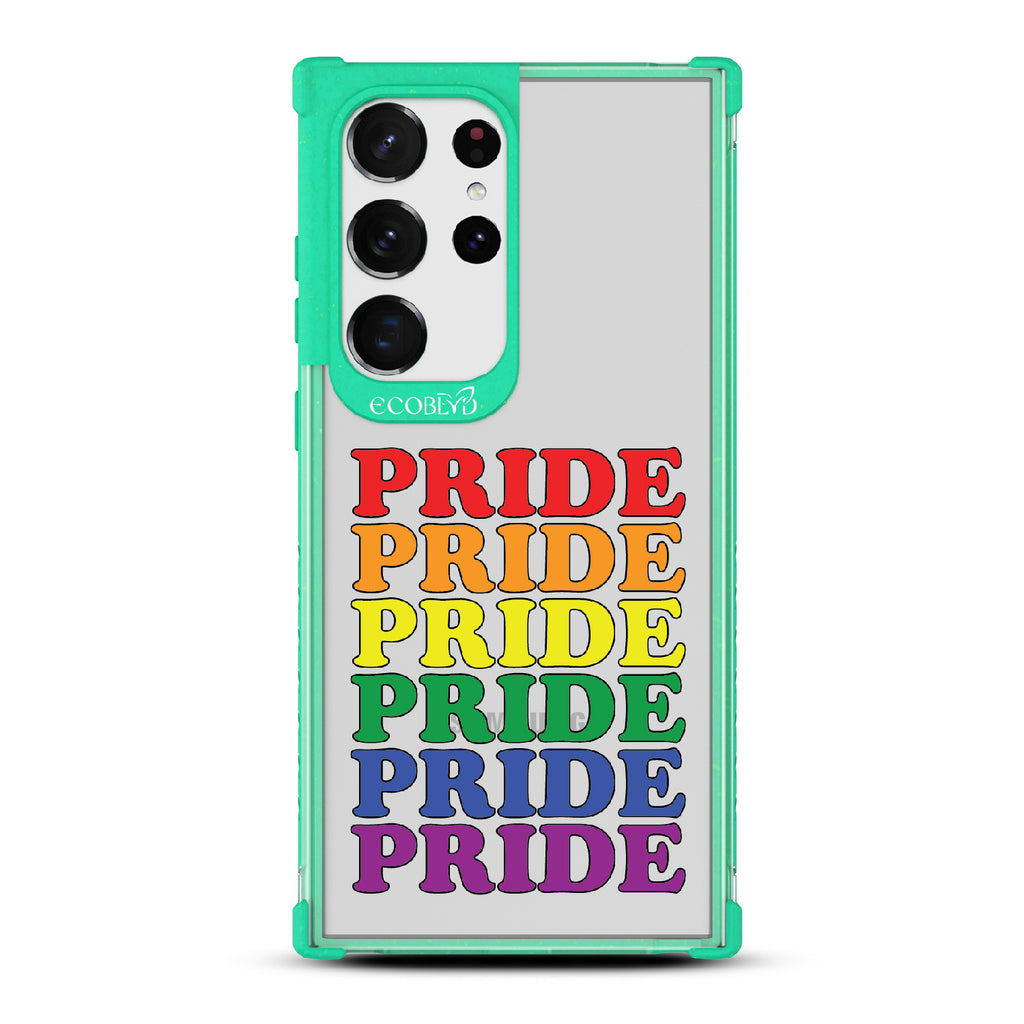 Pride Camp - Green Eco-Friendly Galaxy S23 Ultra Case With Pride Stacked In Multiple Rainbow Colors On A Clear Back