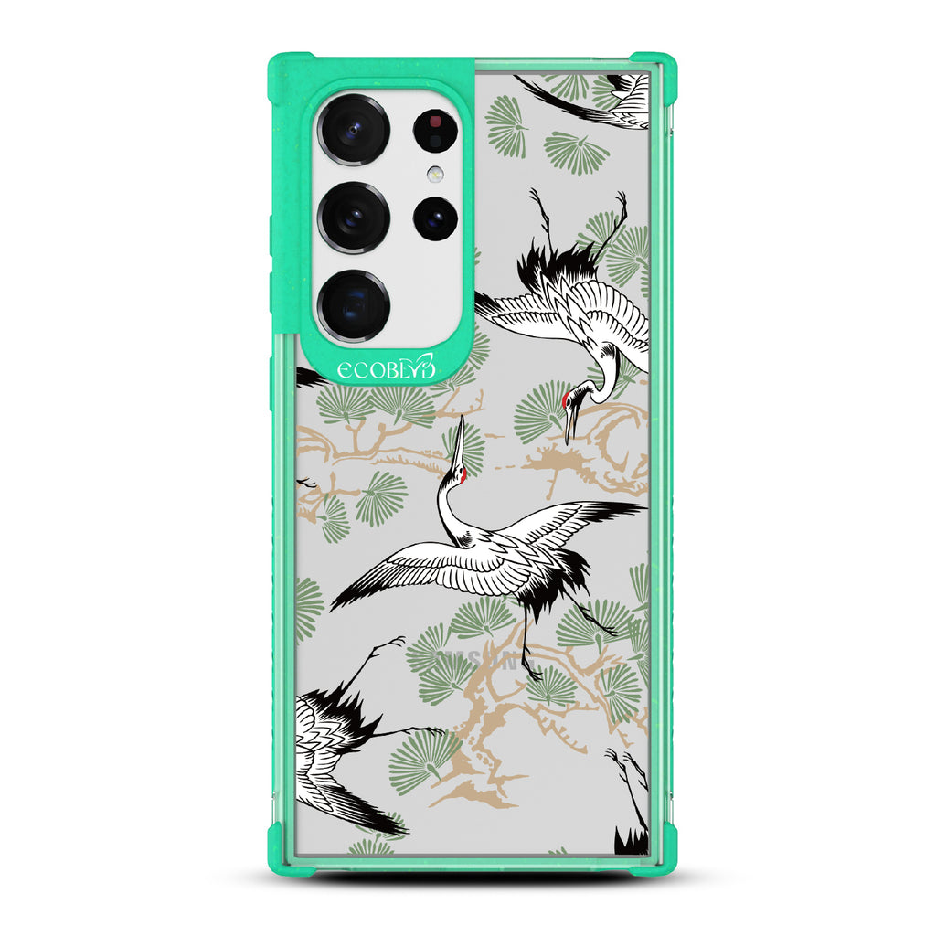 Graceful Crane - Green Eco-Friendly Galaxy S23 Ultra Case With Japanese Cranes Atop Branches On A Clear Back