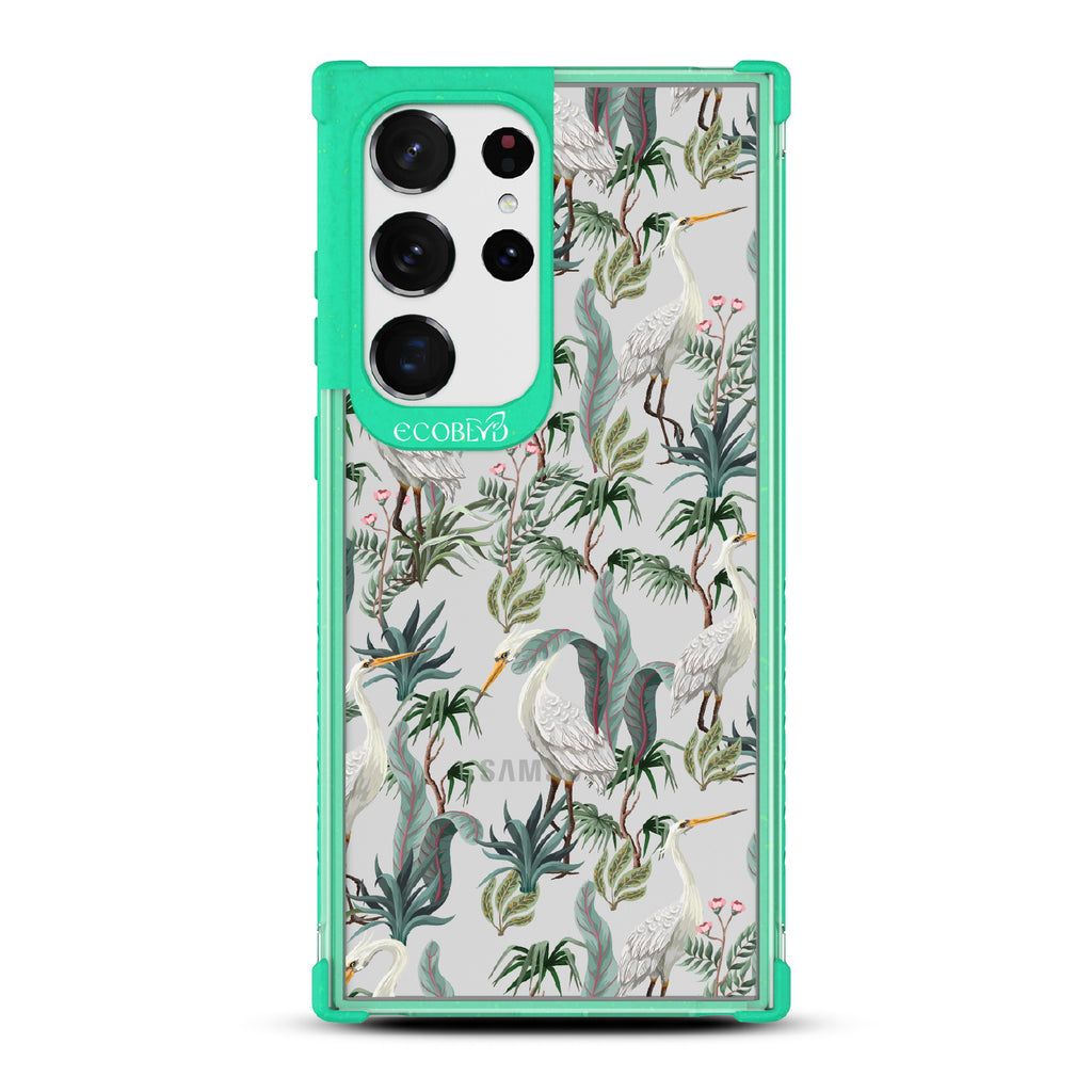 Flock Together - Green Eco-Friendly Galaxy S23 Ultra Case With Herons & Peonies On A Clear Back