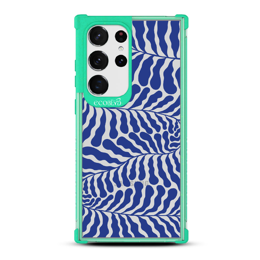 Blue Lagoon - Green Eco-Friendly Galaxy S23 Ultra Case With Abstract Tropical Blue Seaweed On A Clear Back