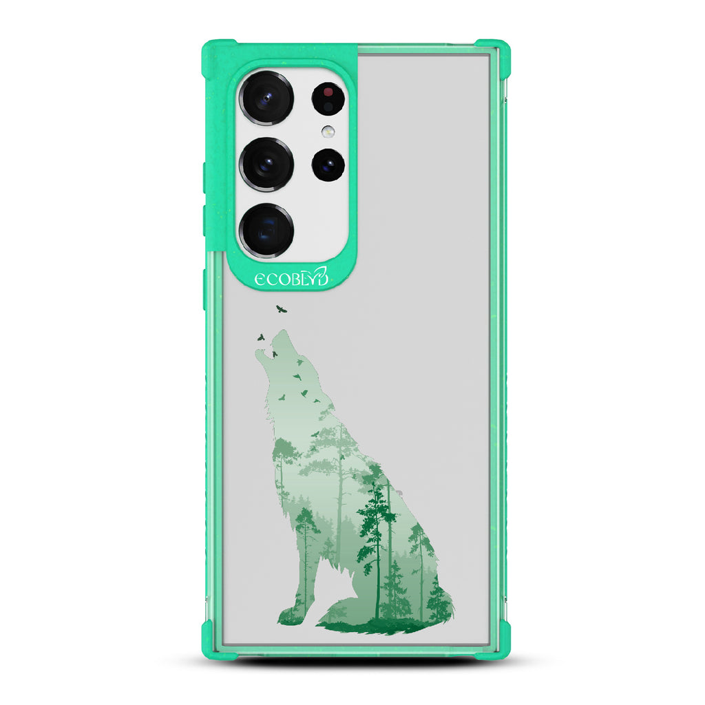 Howl at the Moon - Green Eco-Friendly Galaxy S23 Ultra Case With A With Howling Wolf And Moonlit Woodlands Print On A Clear Back
