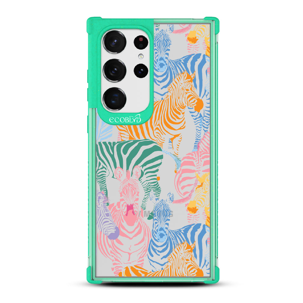Colorful Herd - Green Eco-Friendly Galaxy S23 Ultra Case With Zebras in Multiple Colors On A Clear Back
