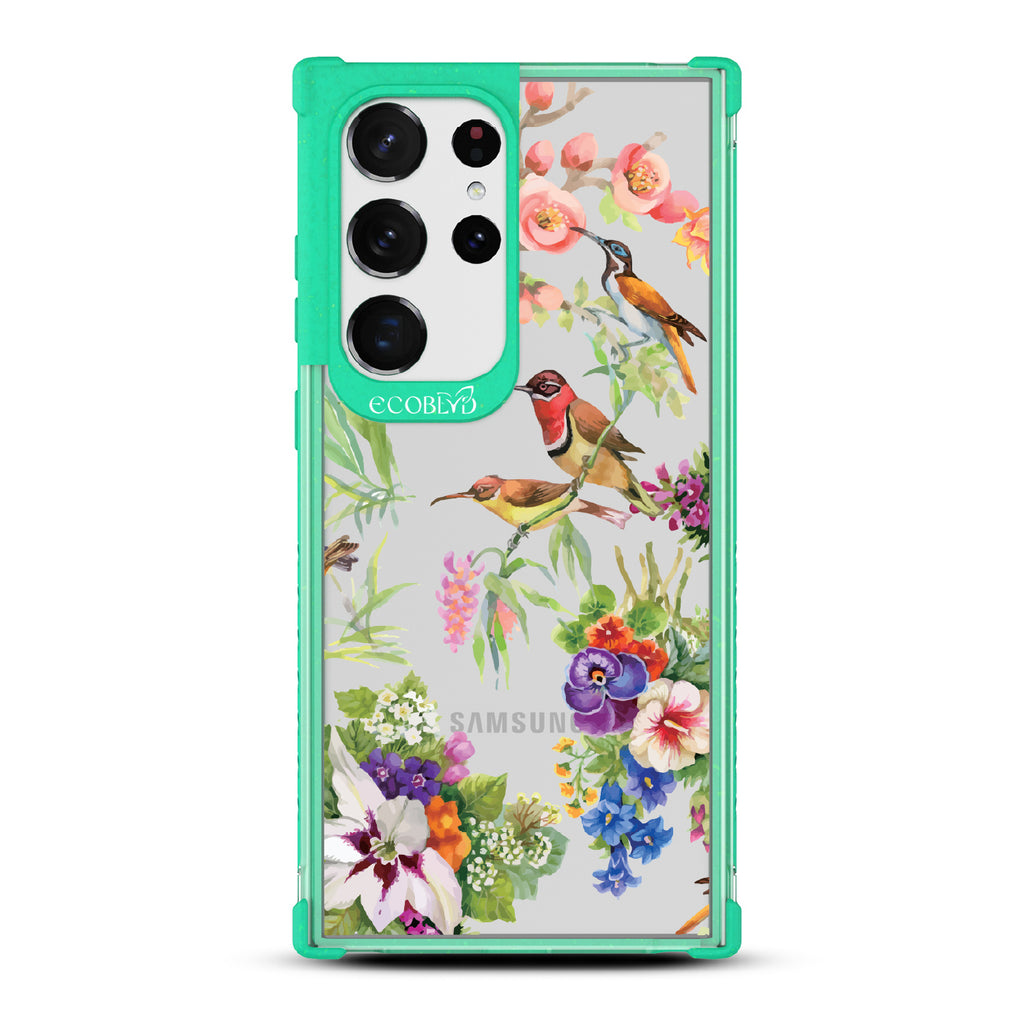 Sweet Nectar - Green Eco-Friendly Galaxy S23 Ultra Case With Humming Birds, Colorful Garden Flowers On A Clear Back