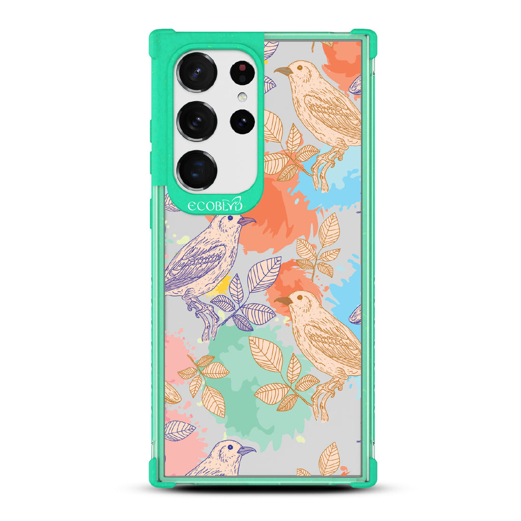 Perch Perfect - Green Eco-Friendly Galaxy S23 Ultra Case With Birds On Branches & Splashes Of Color On A Clear Back