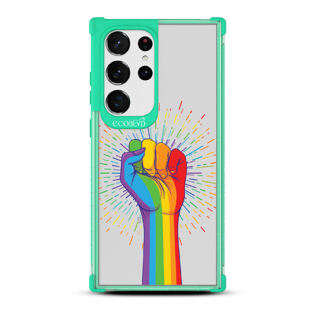 Rise With Pride - Green Eco-Friendly Galaxy S23 Ultra Case With Raised Fist In Rainbow Colors On A Clear Back