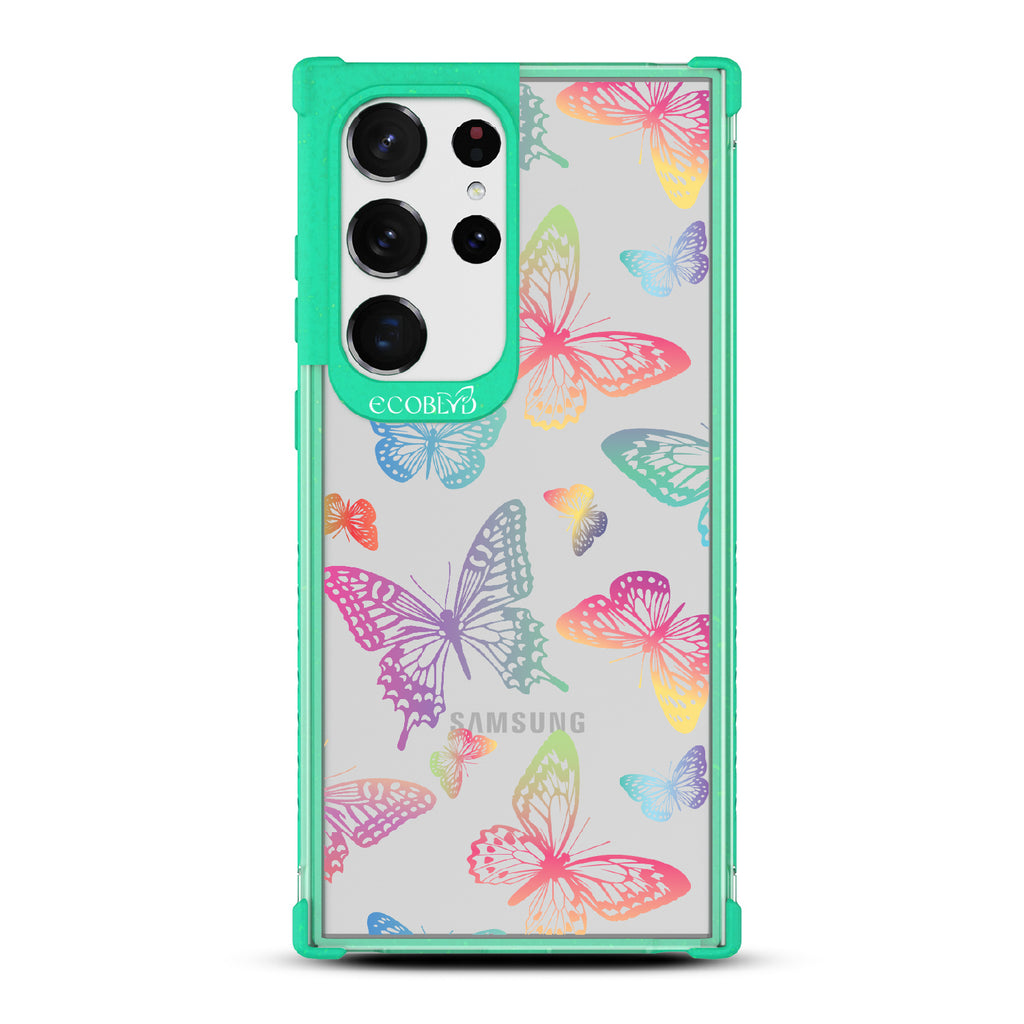 Butterfly Effect - Green Eco-Friendly Galaxy S23 Ultra Case With Multi-Colored Neon Butterflies On A Clear Back
