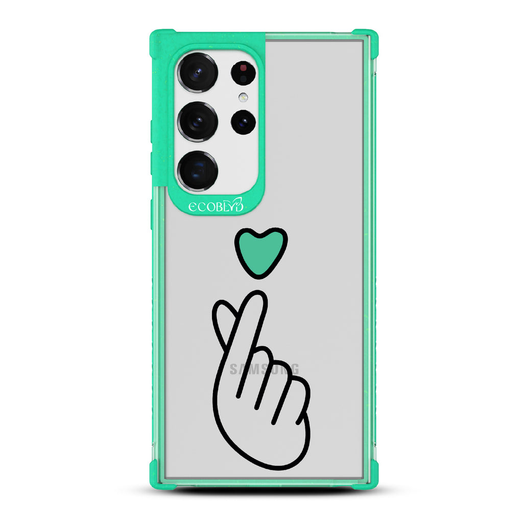 Finger Heart - Green Eco-Friendly Galaxy S23 Ultra Case With Green Heart Above Finger Heart Gesture On A Clear Back