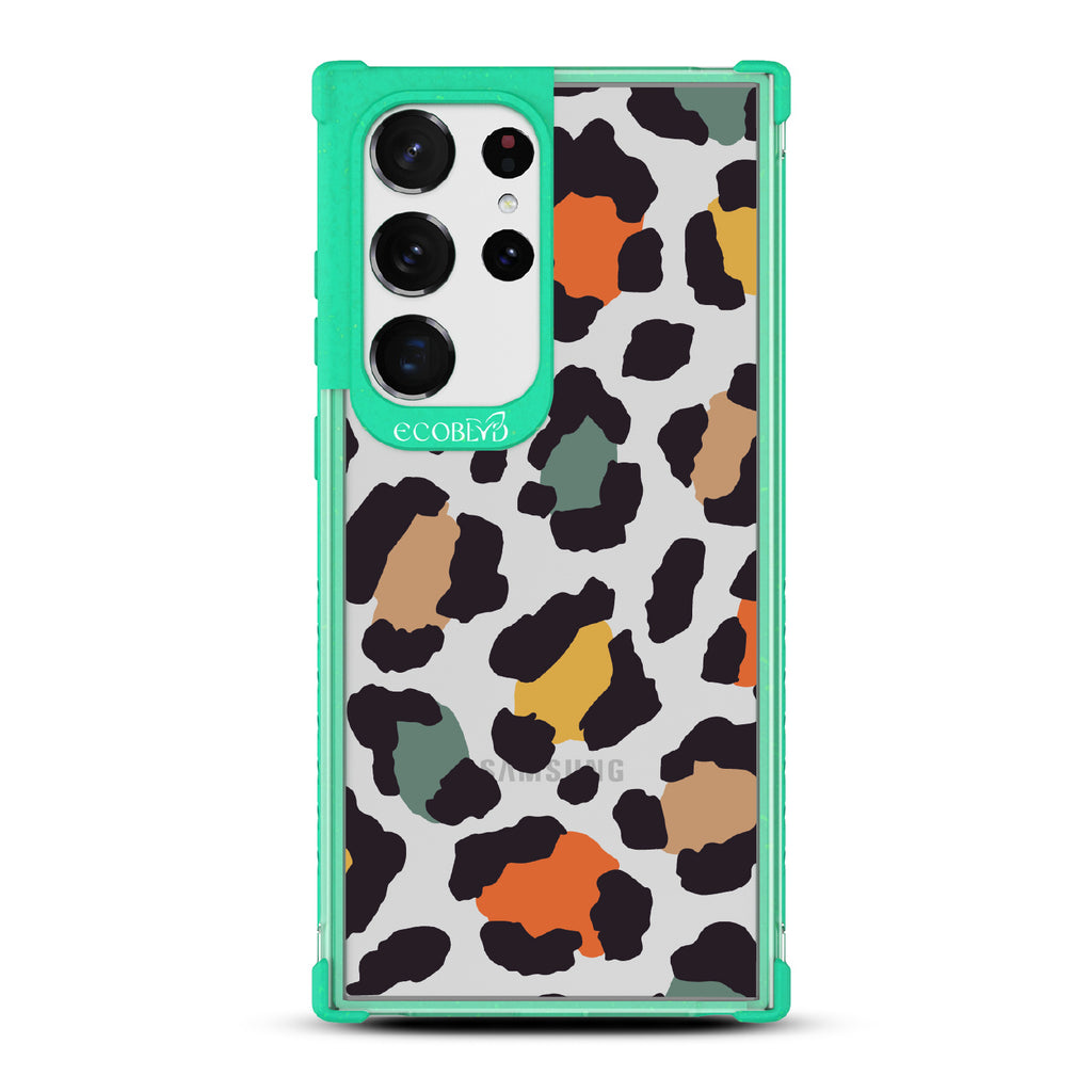 Cheetahlicious - Green Eco-Friendly Galaxy S23 Ultra Case With Multi-Colored Cheetah Print On A Clear Back