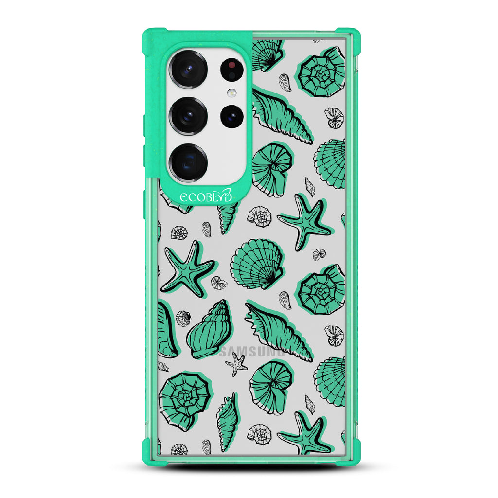  Seashells Seashore - Green Eco-Friendly Galaxy S23 Ultra Case With Seashells and Starfish On A Clear Back