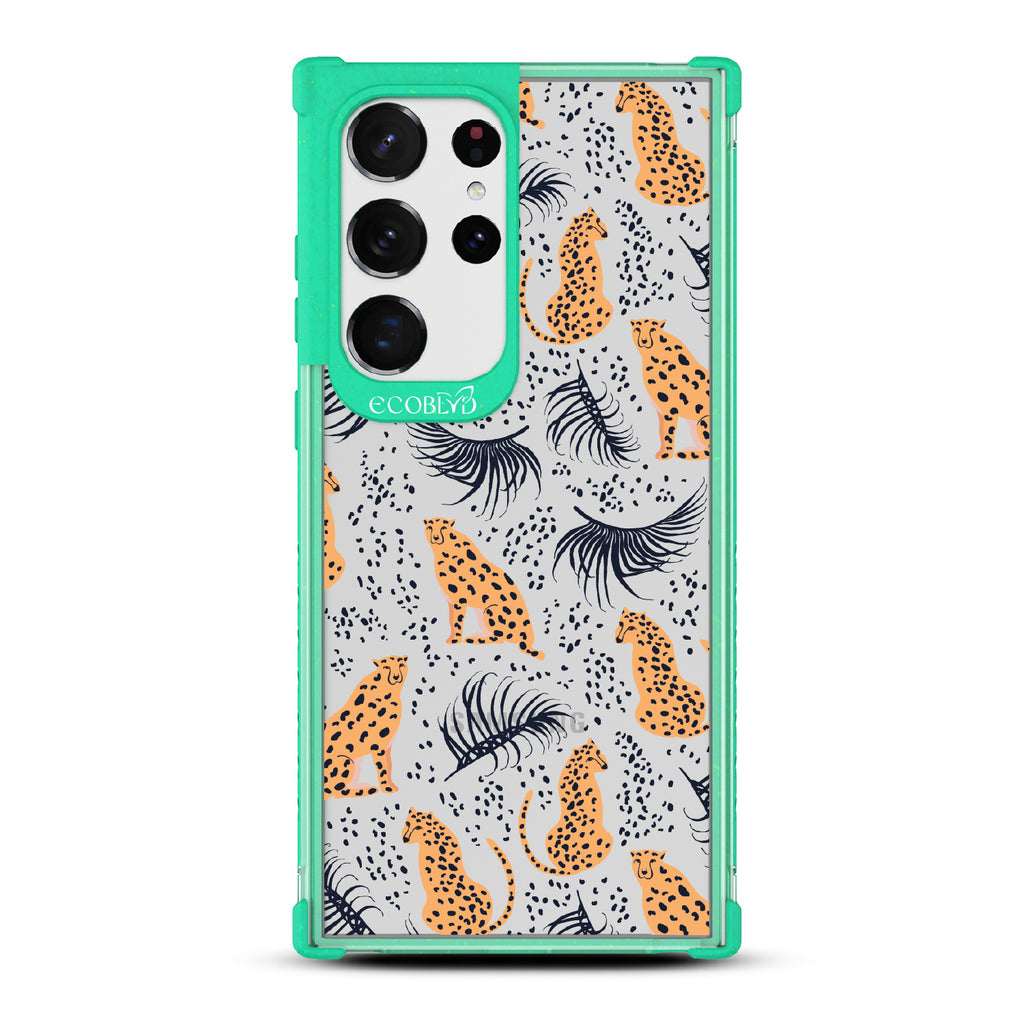 Feline Fierce - Green Eco-Friendly Galaxy S23 Ultra Case With Minimalist Cheetahs With Spots and Reeds On A Clear Back