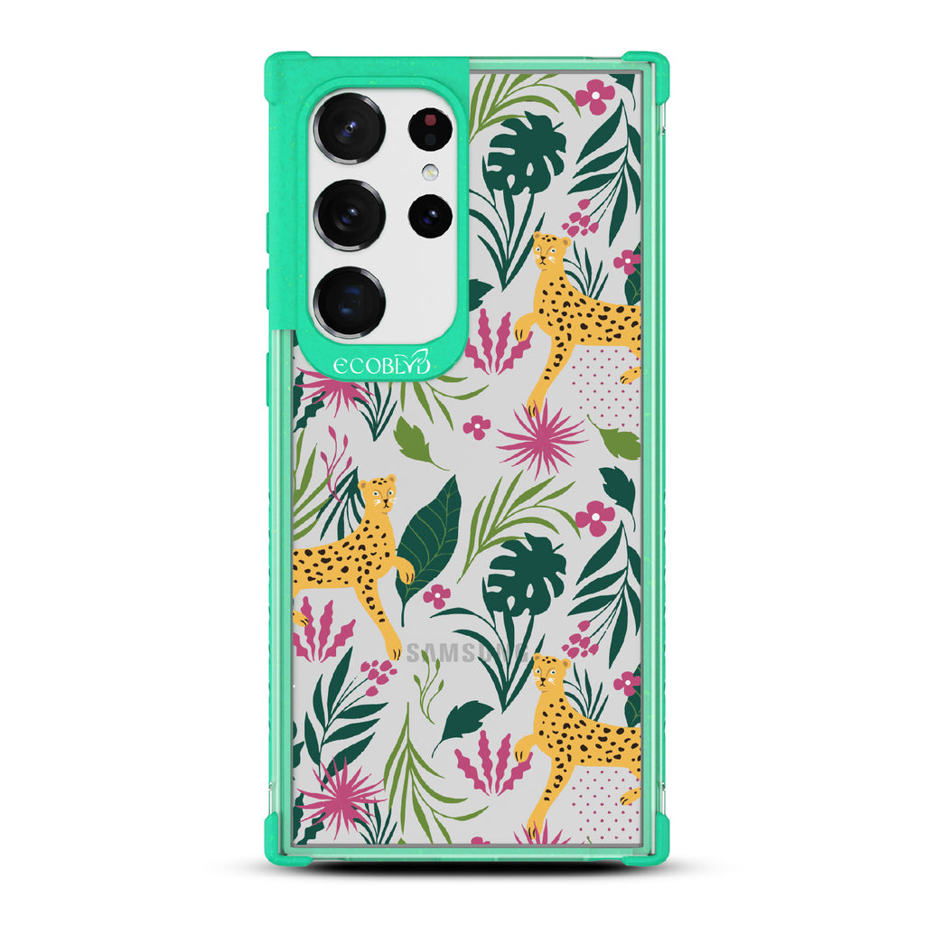Jungle Boogie - Green Eco-Friendly Galalxy S23 Ultra Case With Cheetahs Among Lush Colorful Jungle Foliage On A Clear Back