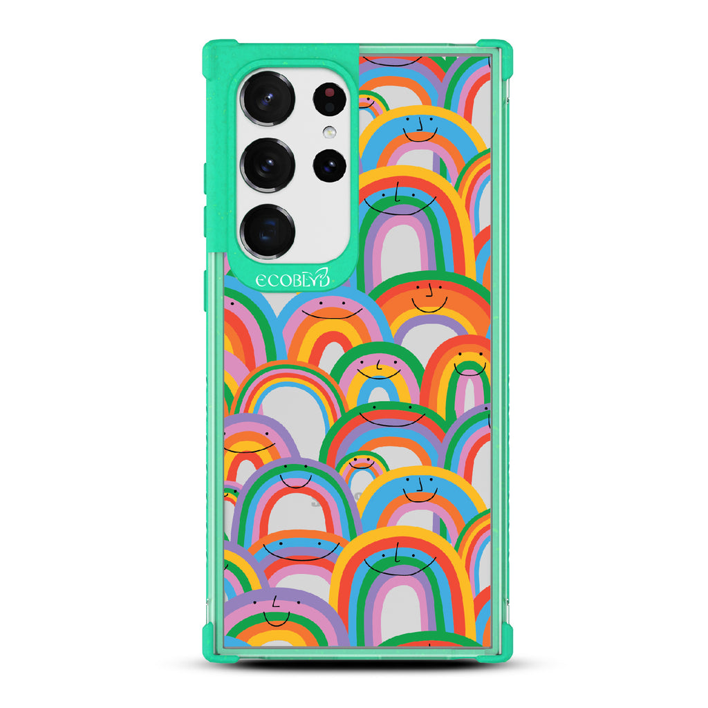 Prideful Smiles - Green Eco-Friendly Galaxy S23 Ultra Case With Rainbows That Have Smiley Faces On A Clear Back