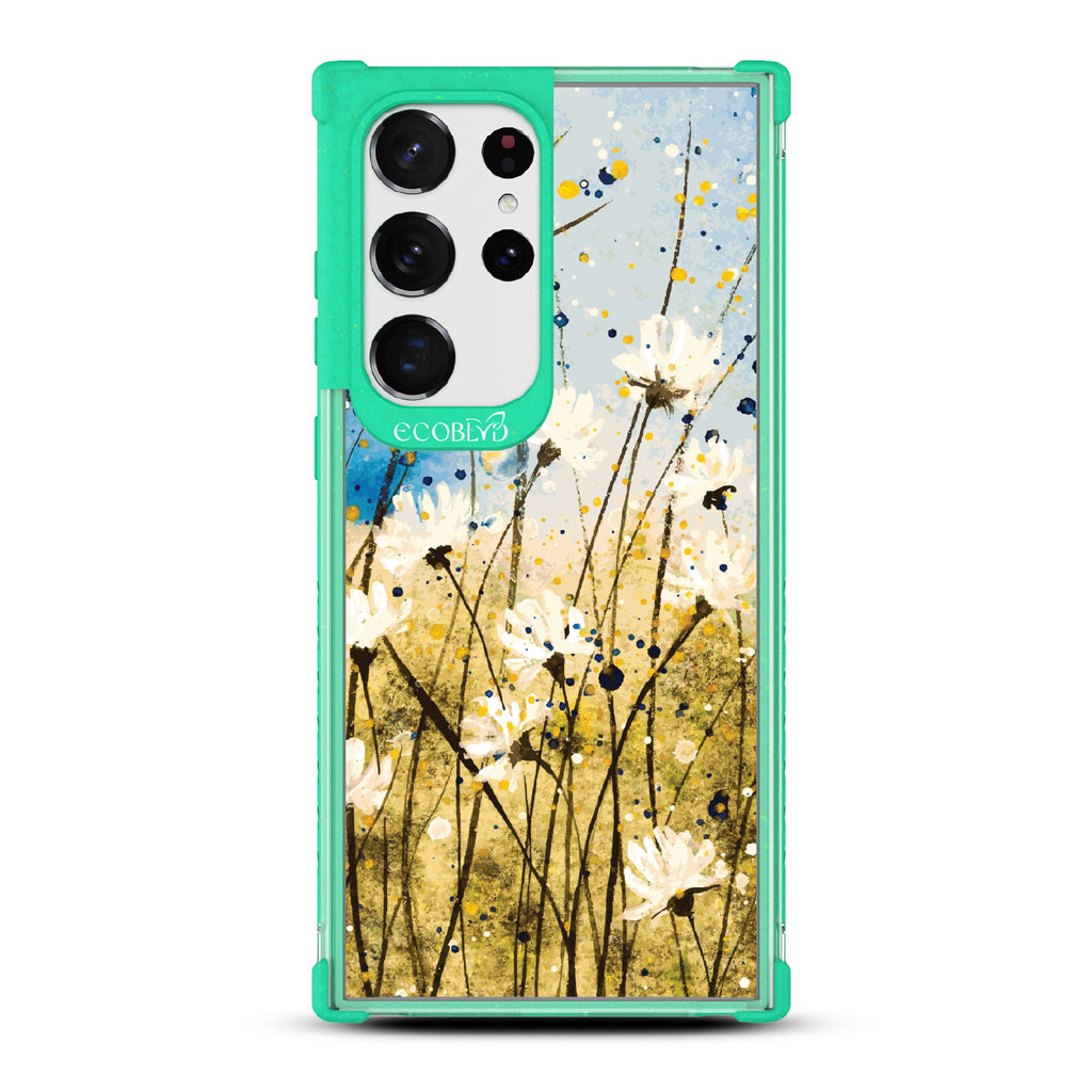Samsung Galaxy S23 Ultra case, clear eco-friendly phone case with green ridges, back view, Dandelion Dance design