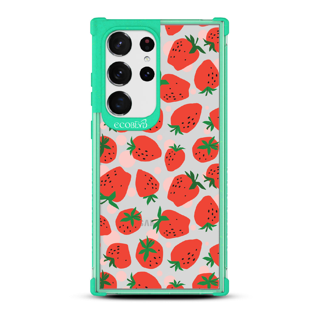 Strawberry Fields - Green Eco-Friendly Galaxy S23 Ultra Case With Strawberries On A Clear Back