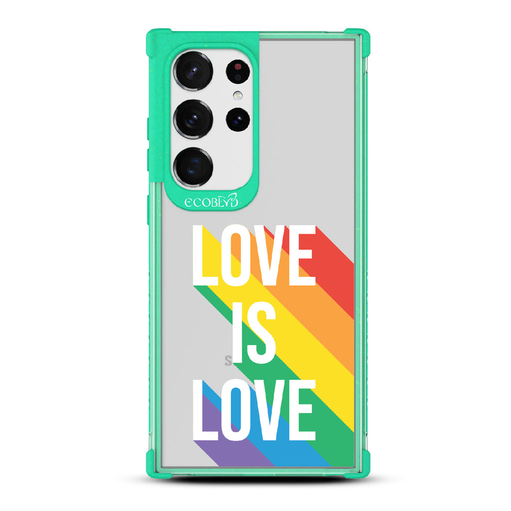 Spectrum Of Love - Green Eco-Friendly Galaxy S23 Ultra Case With Love Is Love + Rainbow Gradient Shadow On A Clear Back