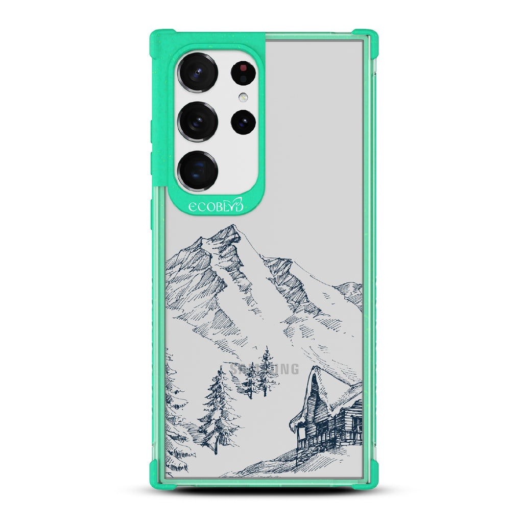 Cabin Retreat - Green Eco-Friendly Galaxy S23 Ultra Case with Mountainside Cabin On A Clear Back