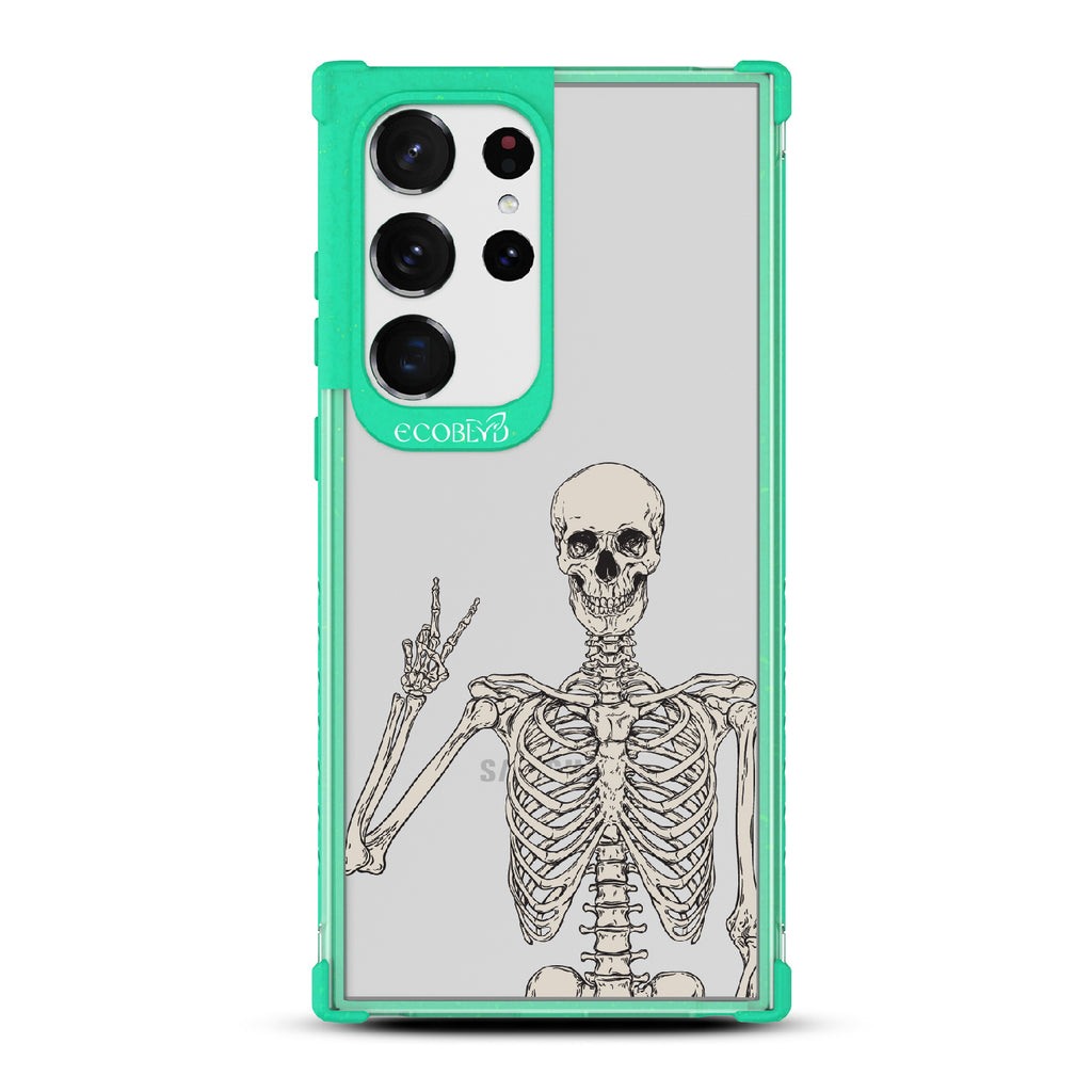 Creepin??????It Real - Green Eco-Friendly Galaxy S23 Ultra Case With Skeleton Giving A Peace Sign On A Clear Back