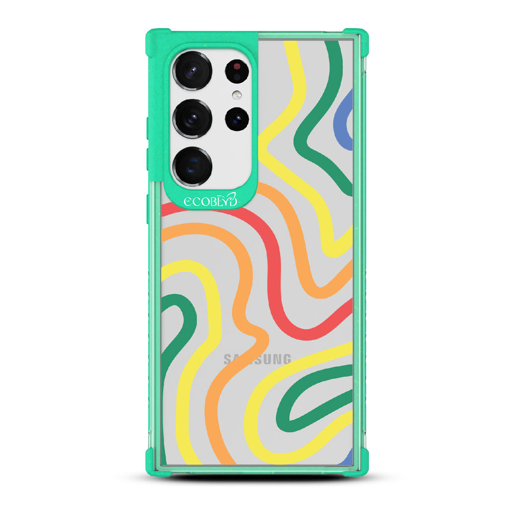  True Colors - Green Eco-Friendly Galaxy S23 Ultra Case With Abstract Lines In Different Colors Of The Rainbow On A Clear Back