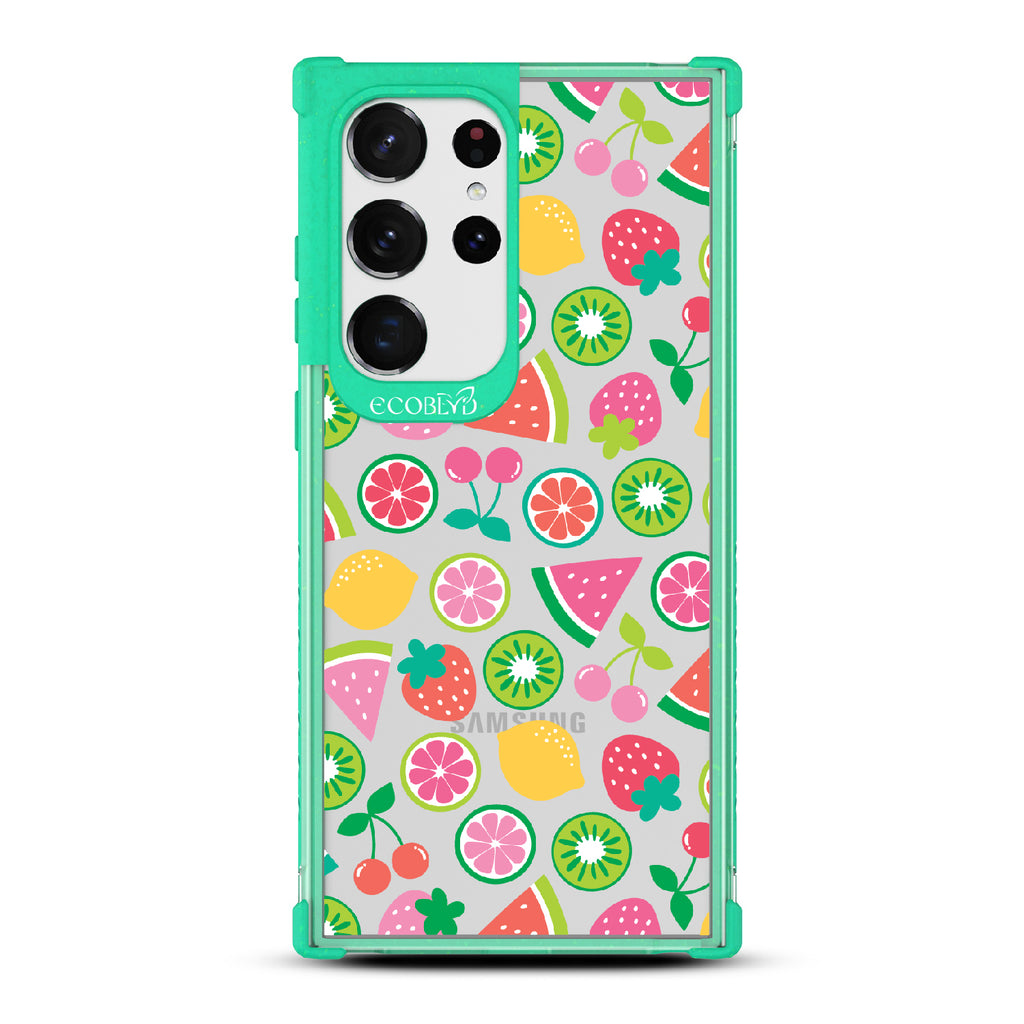 Juicy Fruit - Green Eco-Friendly Galaxy S23 Ultra Case With Various Colorful Summer Fruits On A Clear Back