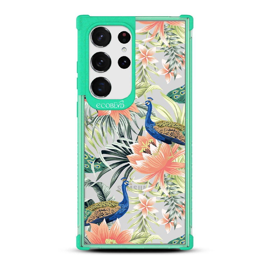 Peacock Palace - Green Eco-Friendly Galaxy S23 Ultra Case With Peacocks + Colorful Tropical Fauna On A Clear Back