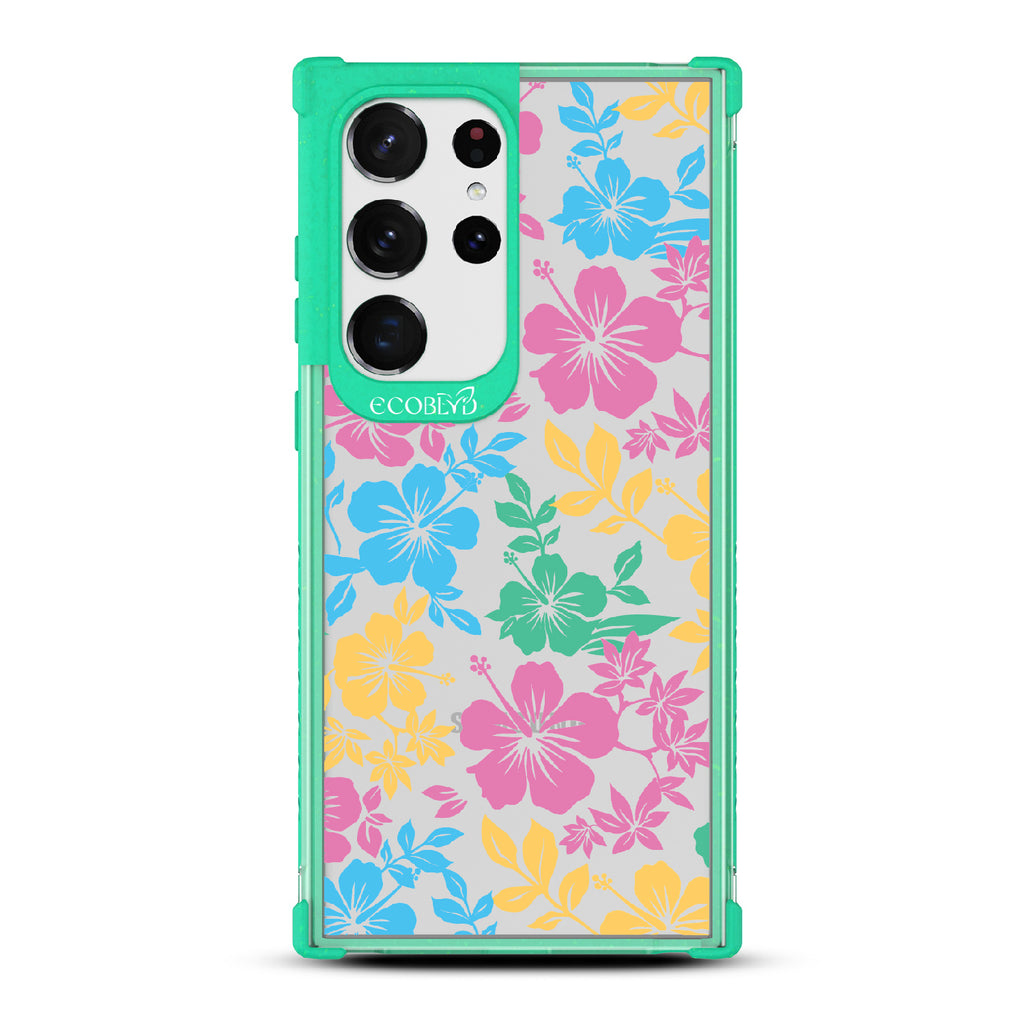 Lei'd Back - Green Eco-Friendly Galaxy S23 Ultra Case With Colorful Hawaiian Hibiscus Floral Print On A Clear Back