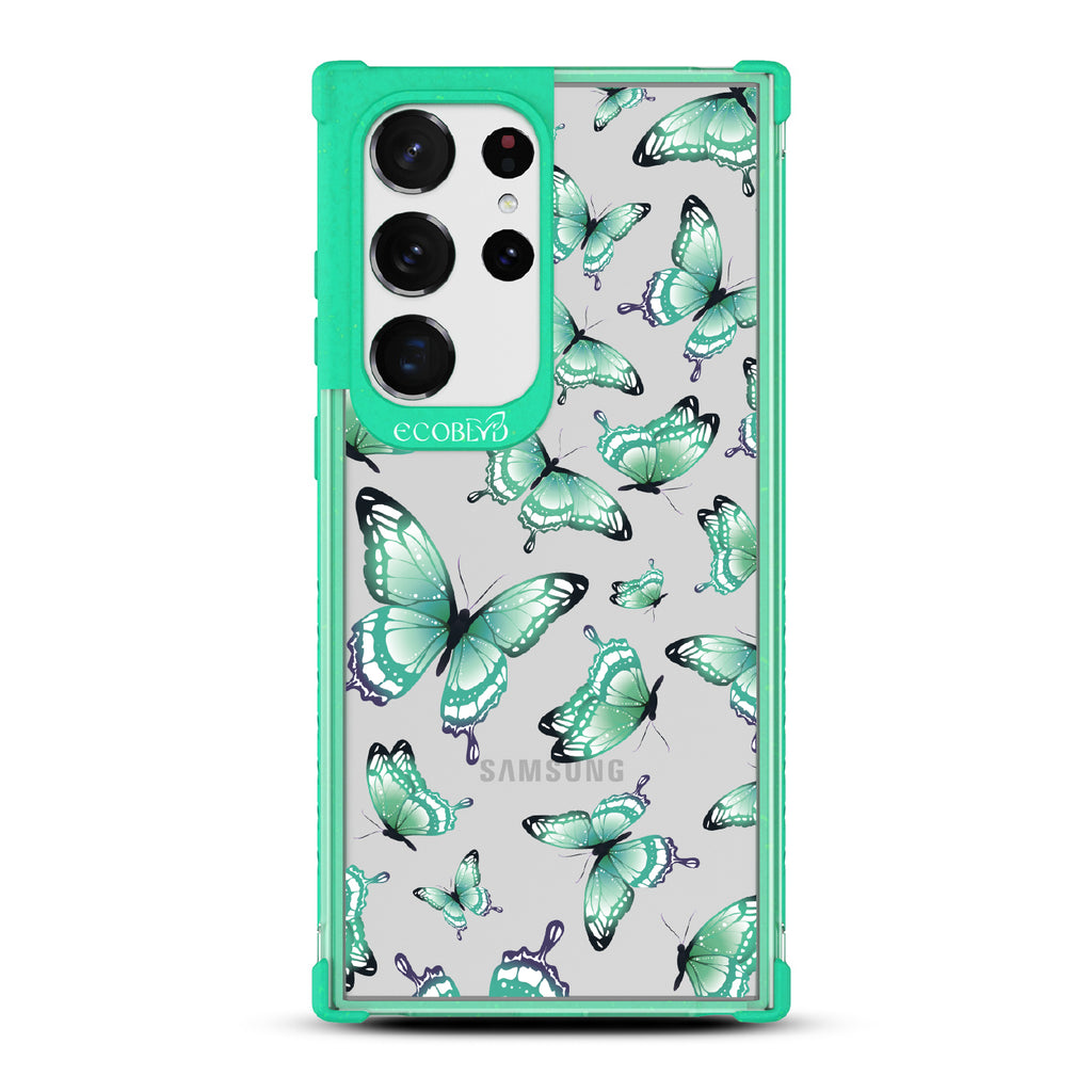 Social Butterfly - Green Eco-Friendly Galaxy S23 Ultra Case With Green Butterflies On A Clear Back - Compostable