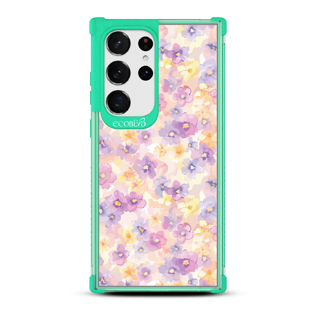 Samsung Galaxy S23 Ultra case, clear eco-friendly phone case with green ridges, back view, Flowering Thoughts design