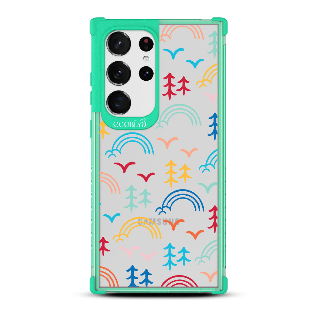 Happy Camper X Brave Trails - Green Eco-Friendly Galaxy S23 Ultra Case with Minimalist Trees, Birds, Rainbows On A Clear Back