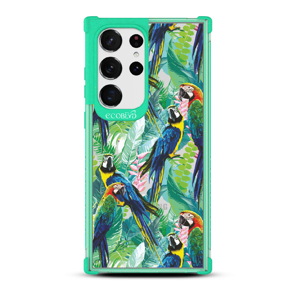 Macaw Medley - Green Eco-Friendly Galaxy S23 Ultra Case With Macaws & Tropical Leaves On A Clear Back
