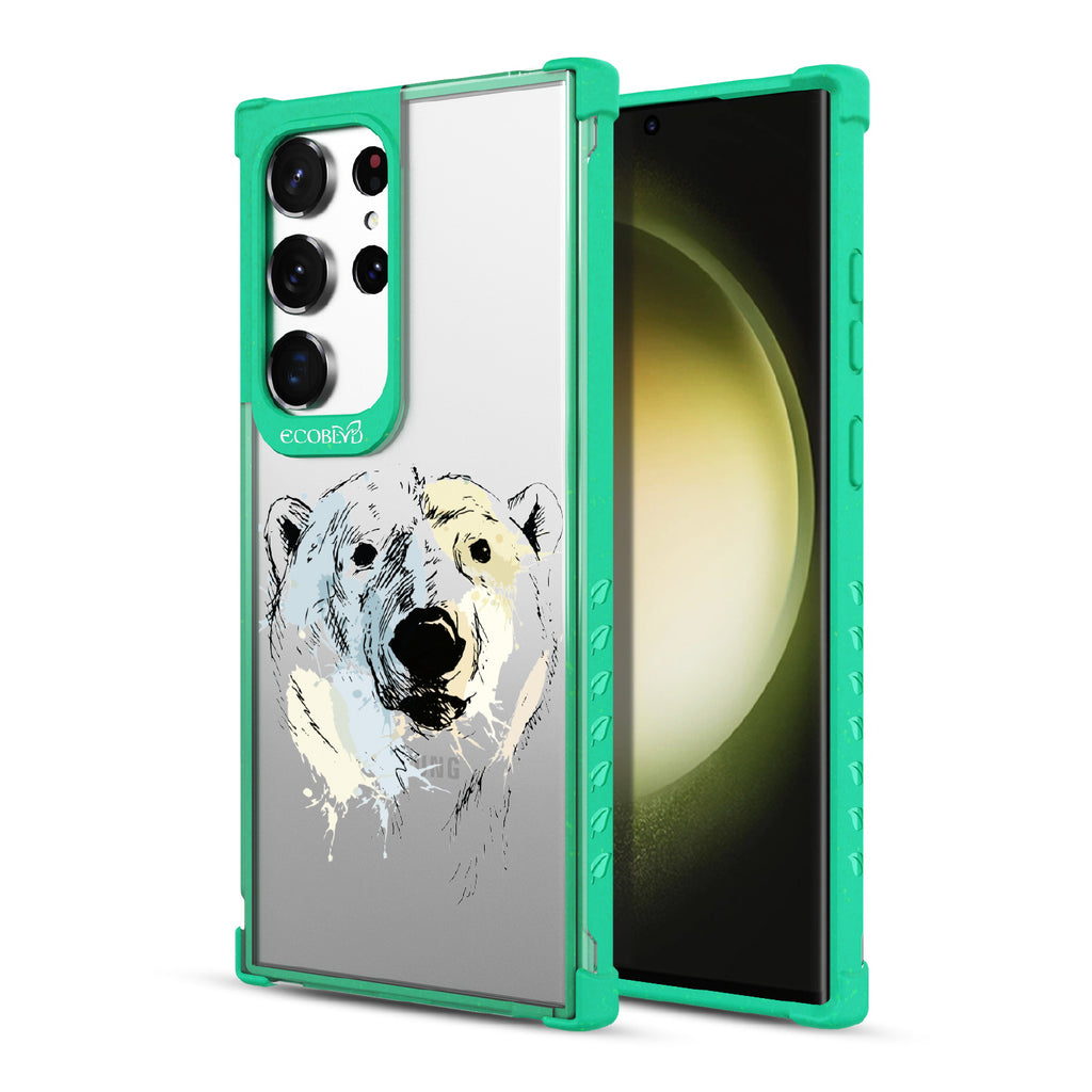 Polar Bear - Back View Of Green & Clear Eco-Friendly Galaxy S23 Ultra Case & A Front View Of The Screen