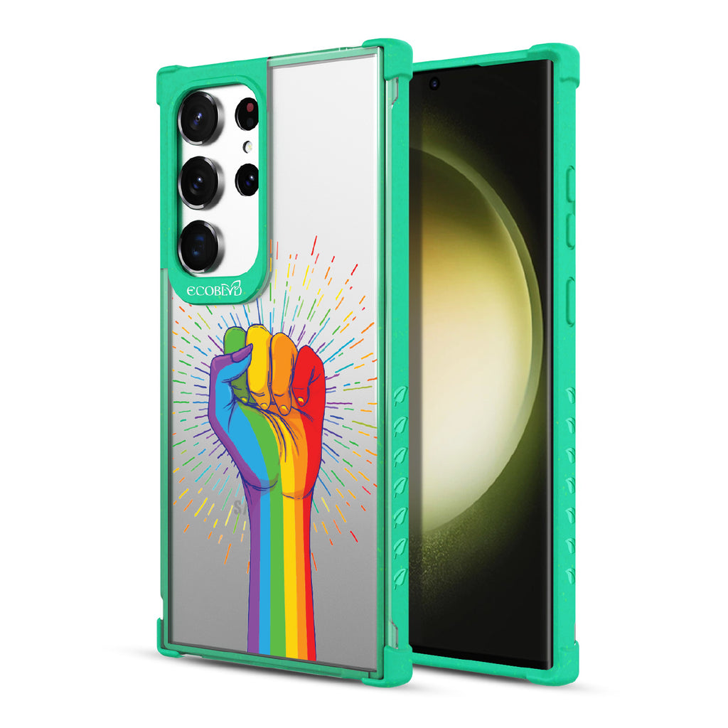 Rise With Pride - Back View Of Green & Clear Eco-Friendly Galaxy S23 Ultra Case & A Front View Of The Screen