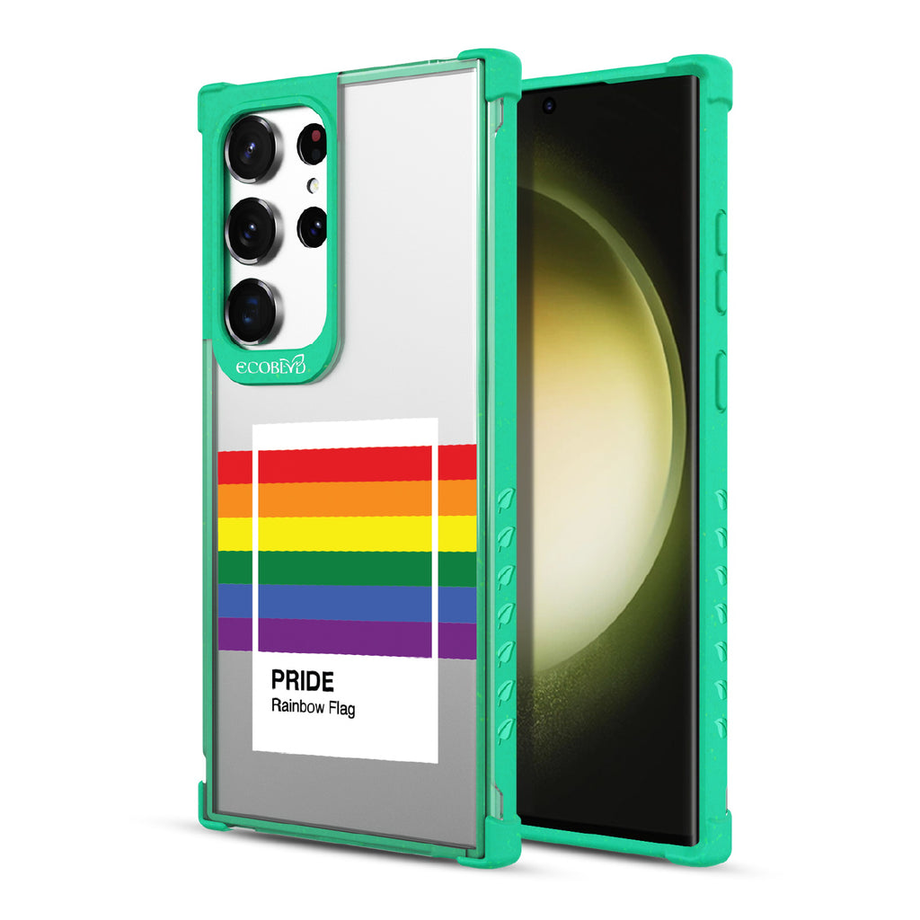 Colors Of Unity - Back View Of Green & Clear Eco-Friendly Galaxy S23 Ultra Case & A Front View Of The Screen