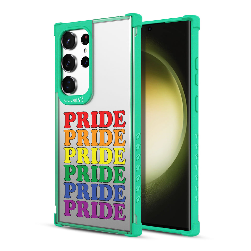 Pride Camp - Back View Of Green & Clear Eco-Friendly Galaxy S23 Ultra Case & A Front View Of The Screen