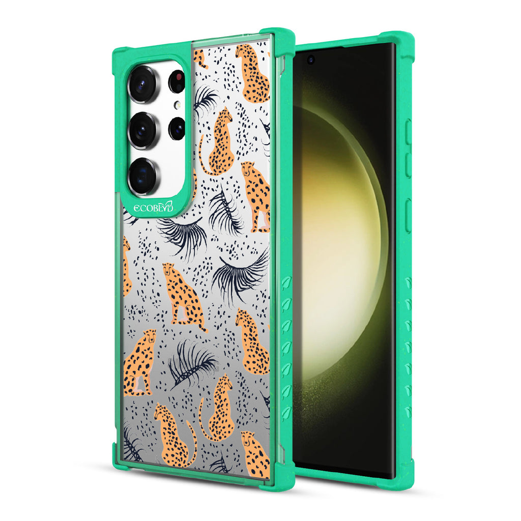 Feline Fierce - Back View Of Green & Clear Eco-Friendly Galaxy S23 Ultra Case & A Front View Of The Screen