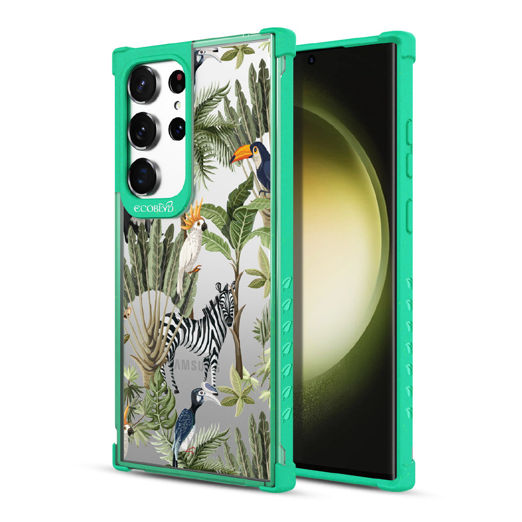 Toucan Play That Game - Back View Of Green & Clear Eco-Friendly Galaxy S23 Ultra Case & A Front View Of The Screen