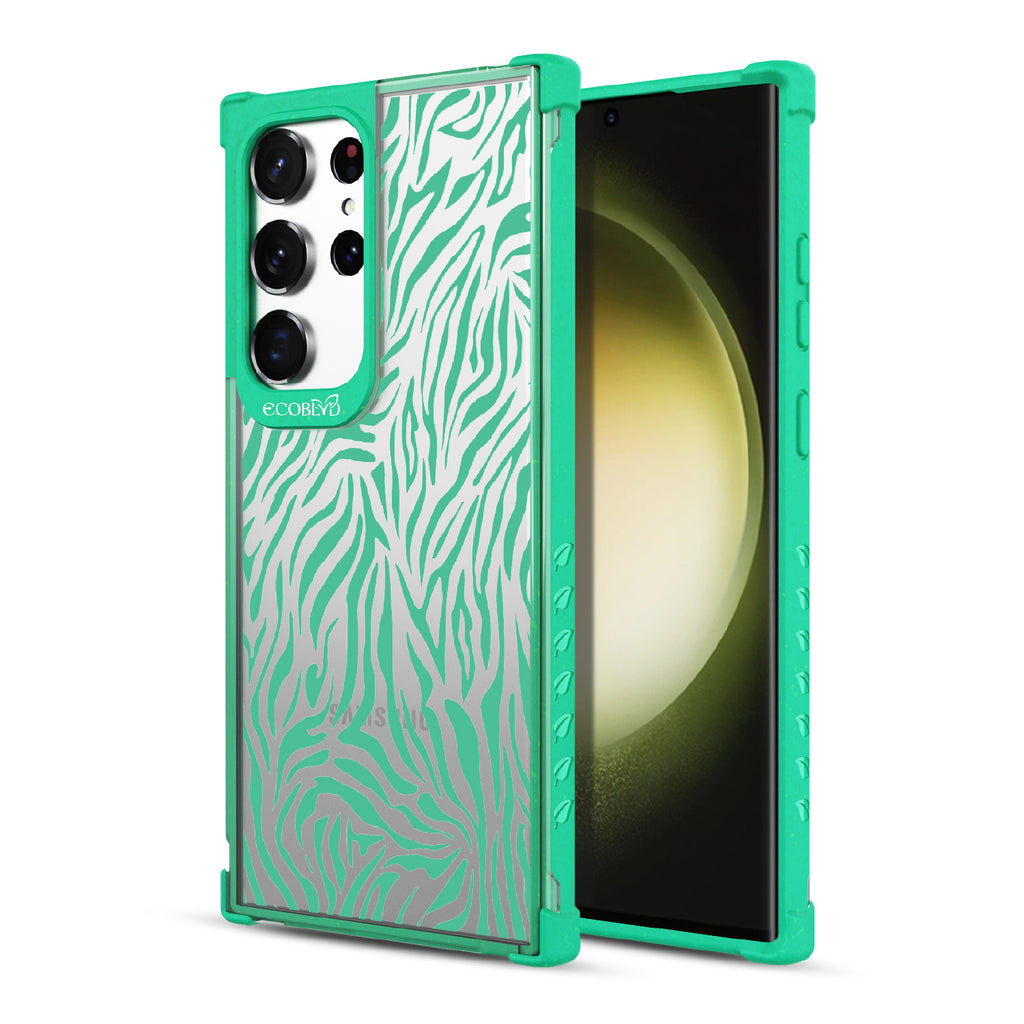 Zebra Print - Back View Of Green & Clear Eco-Friendly Galaxy S23 Ultra Case & A Front View Of The Screen