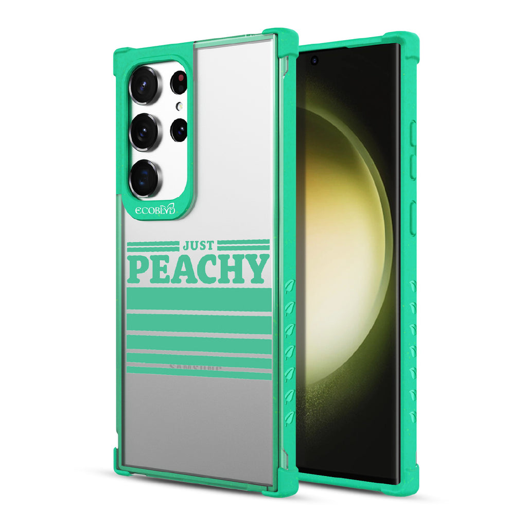 Just Peachy - Back View Of Green & Clear Eco-Friendly Galaxy S23 Ultra Case & A Front View Of The Screen