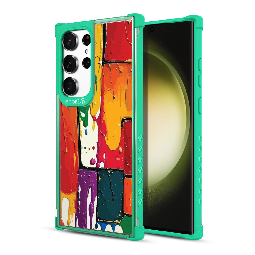 Front and back view of Samsung Galaxy S23 Ultra case, clear compostable phone case with green ridges, Color Me Mine design