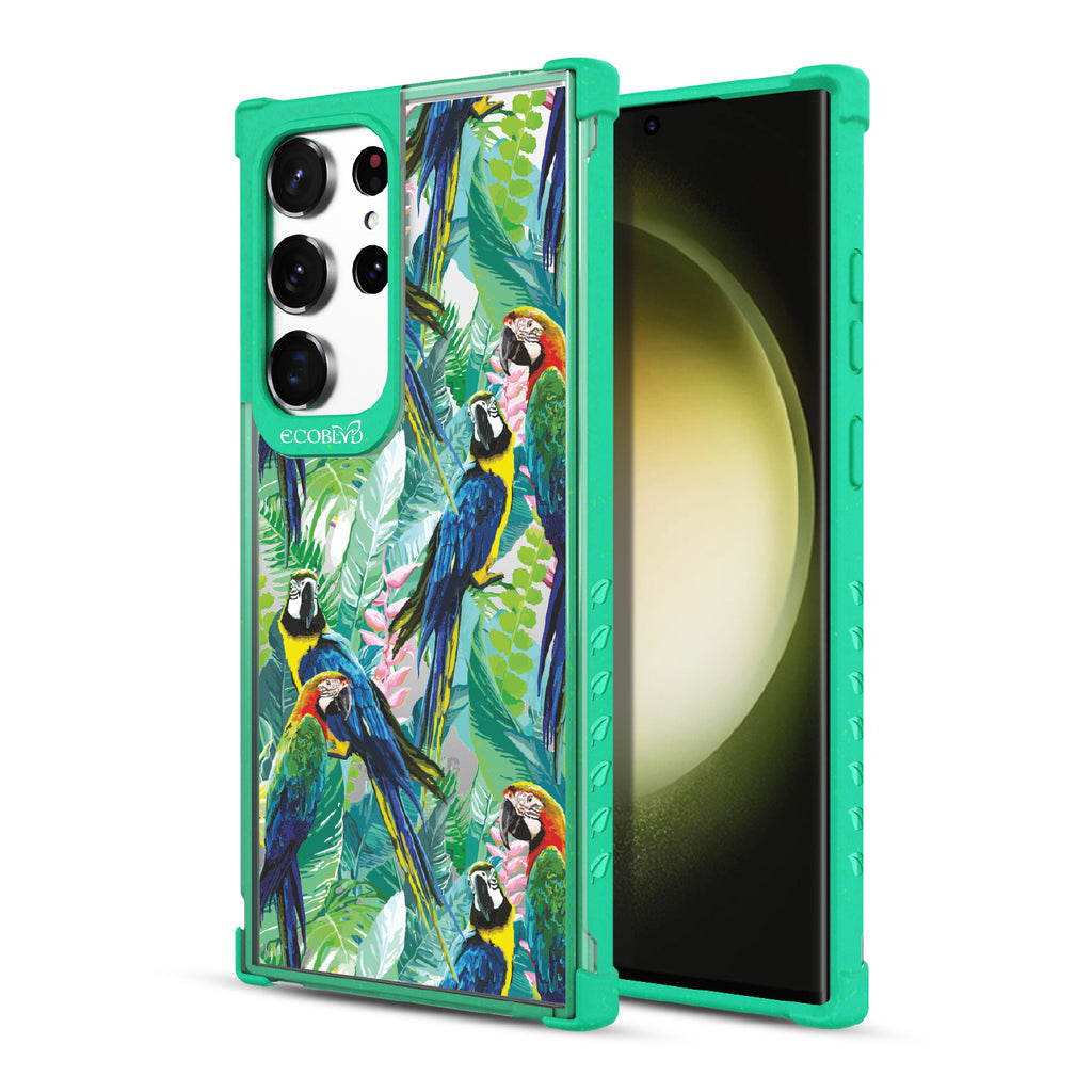 Macaw Medley - Back View Of Green & Clear Eco-Friendly Galaxy S23 Ultra Case & A Front View Of The Screen
