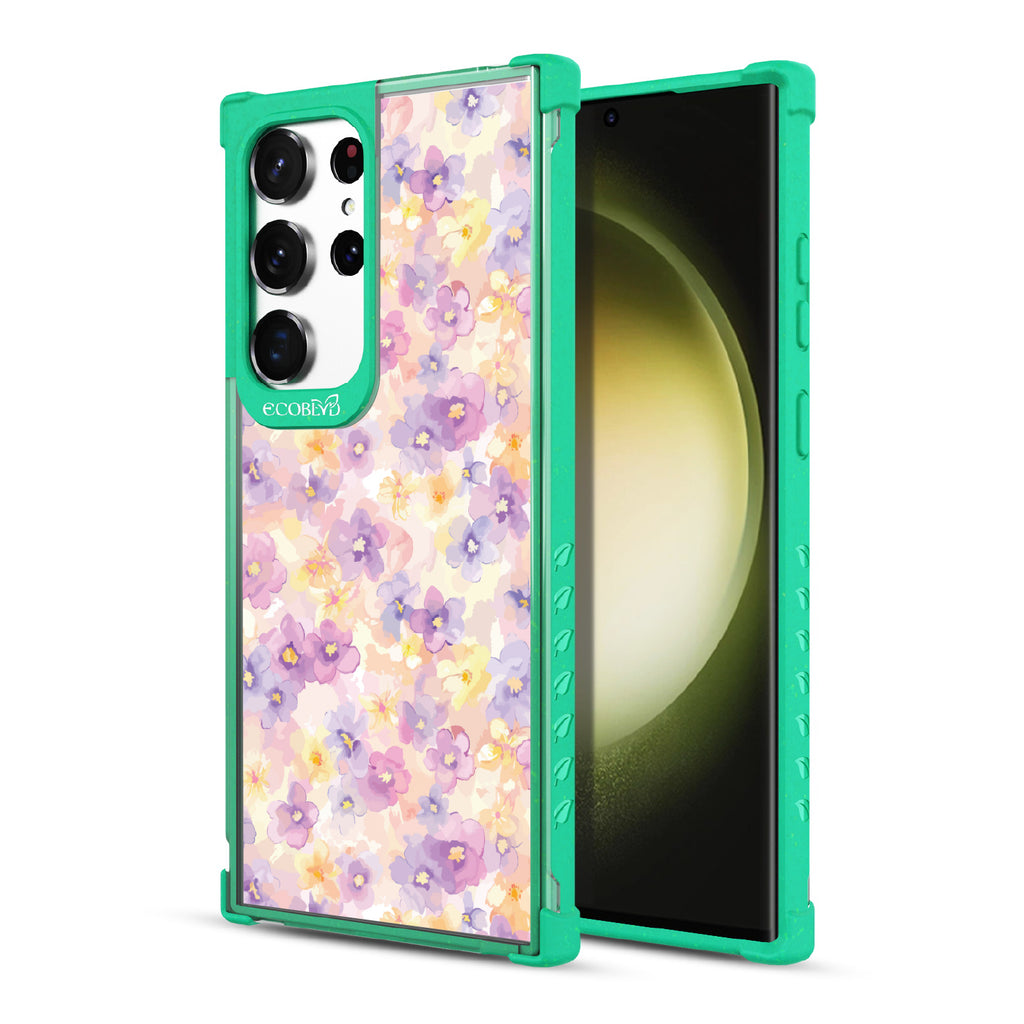Front and back view of Samsung Galaxy S23 Ultra case, clear compostable phone case with green ridges, Flowering Thoughts design