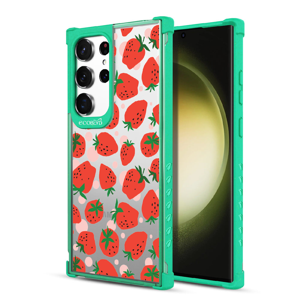 Strawberry Fields - Back View Of Green & Clear Eco-Friendly Galaxy S23 Ultra Case & A Front View Of The Screen