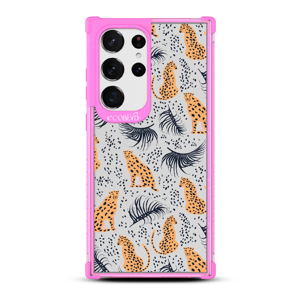 Feline Fierce - Pink Eco-Friendly Galaxy S23 Ultra Case With Minimalist Cheetahs With Spots and Reeds On A Clear Back