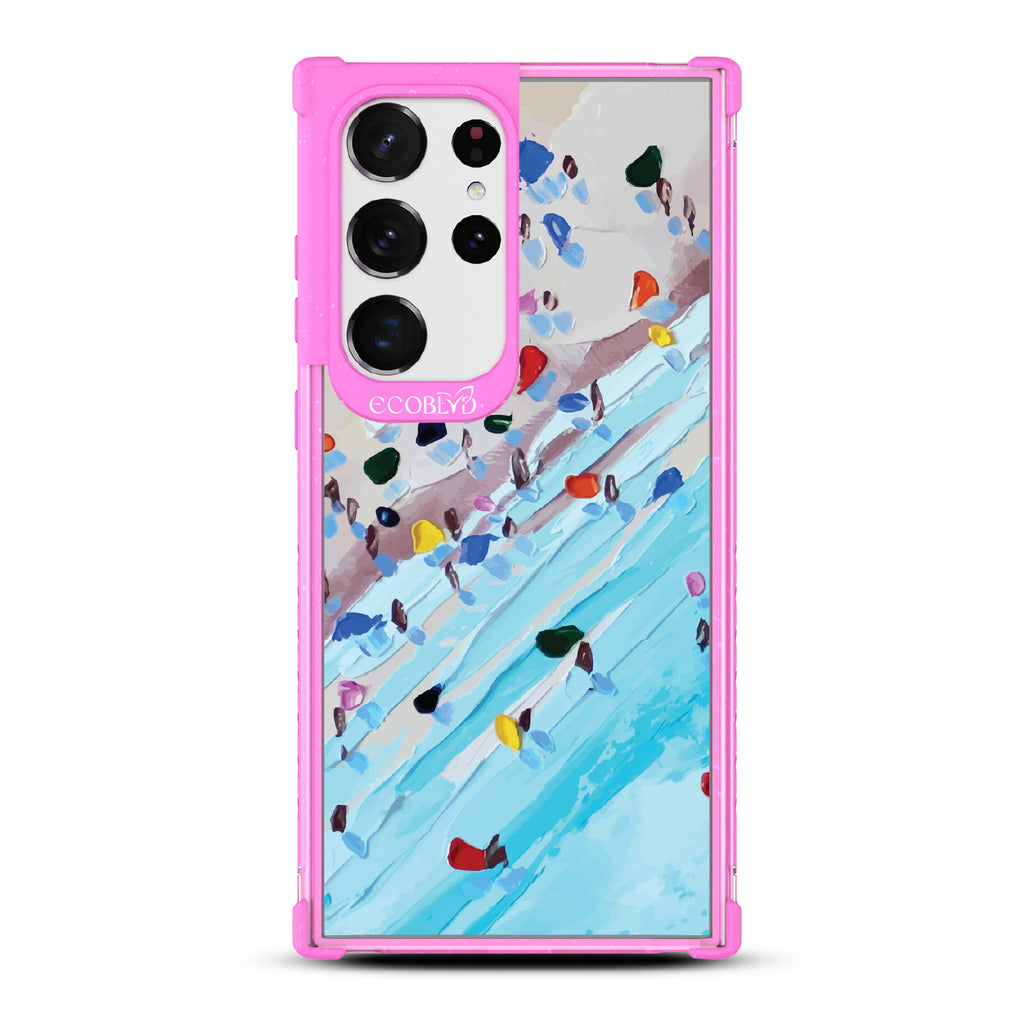 Samsung Galaxy S23 Ultra case, clear eco-friendly phone case with pink ridges, back view, Waves of Color design