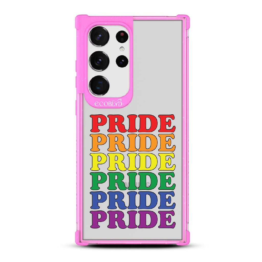 Pride Camp - Pink Eco-Friendly Galaxy S23 Ultra Case With Pride Stacked In Multiple Rainbow Colors On A Clear Back