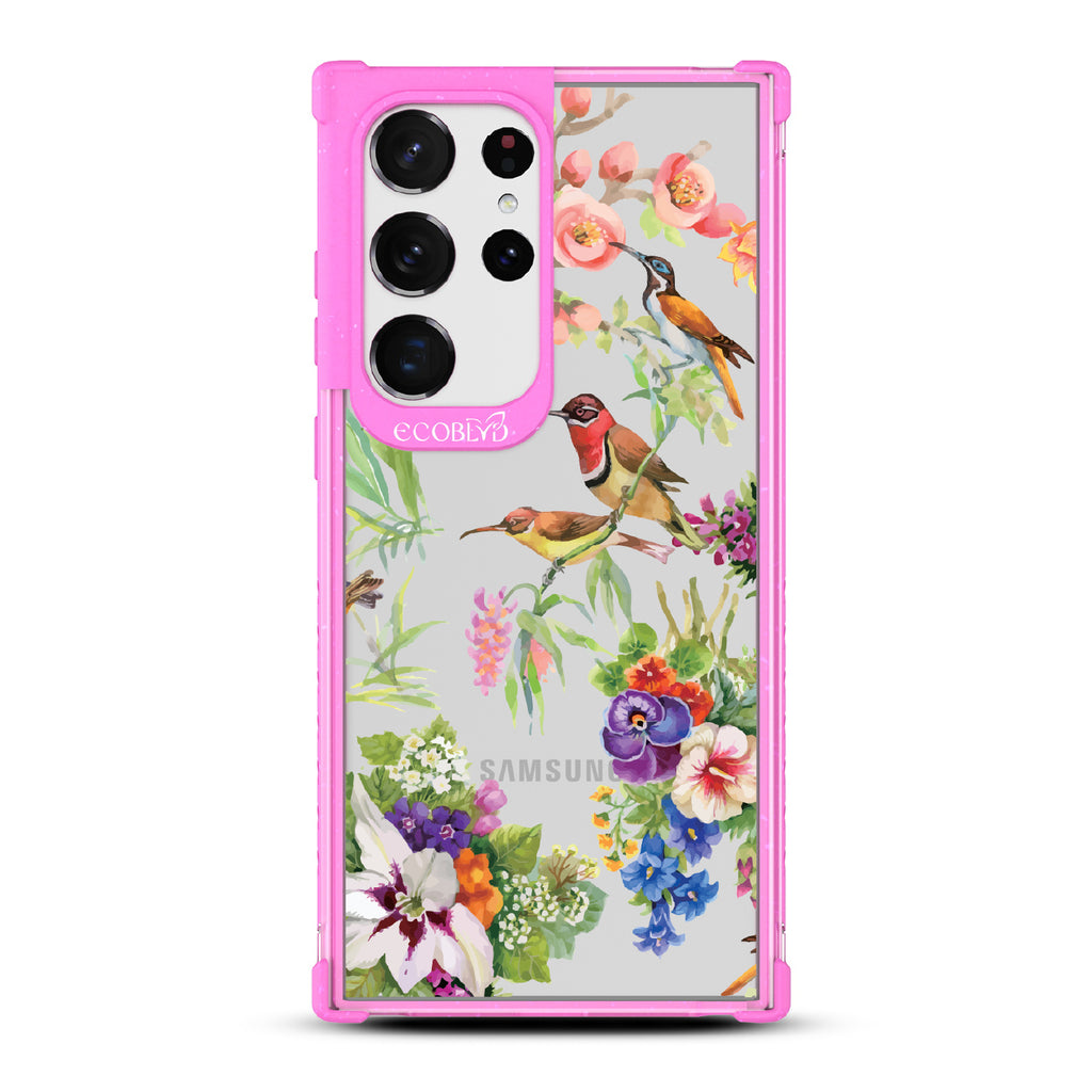 Sweet Nectar - Pink Eco-Friendly Galaxy S23 Ultra Case With Humming Birds, Colorful Garden Flowers On A Clear Back