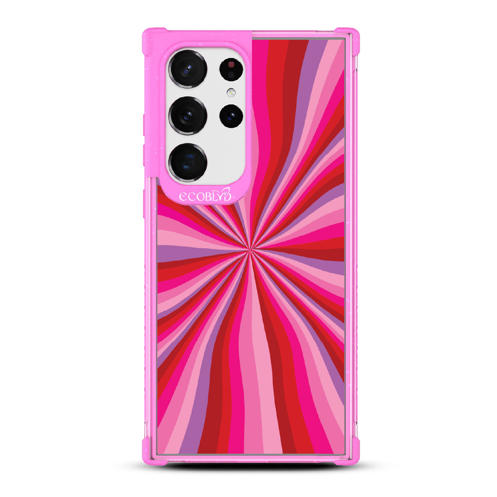 Burst of Passion - Pink Eco-Friendly Galaxy S23 Ultra Case with Swirling Pink Radial Burst On A Clear Back