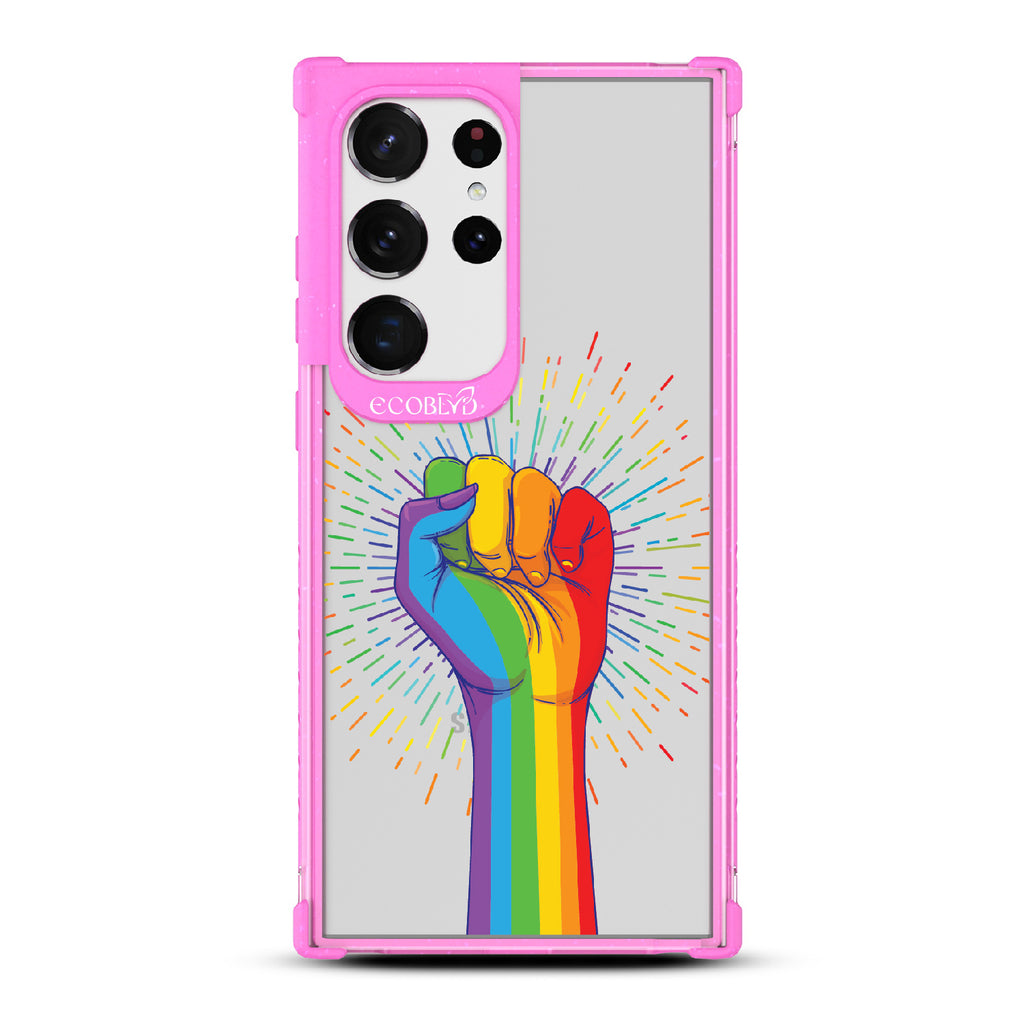 Rise With Pride - Pink Eco-Friendly Galaxy S23 Ultra Case With Raised Fist In Rainbow Colors On A Clear Back